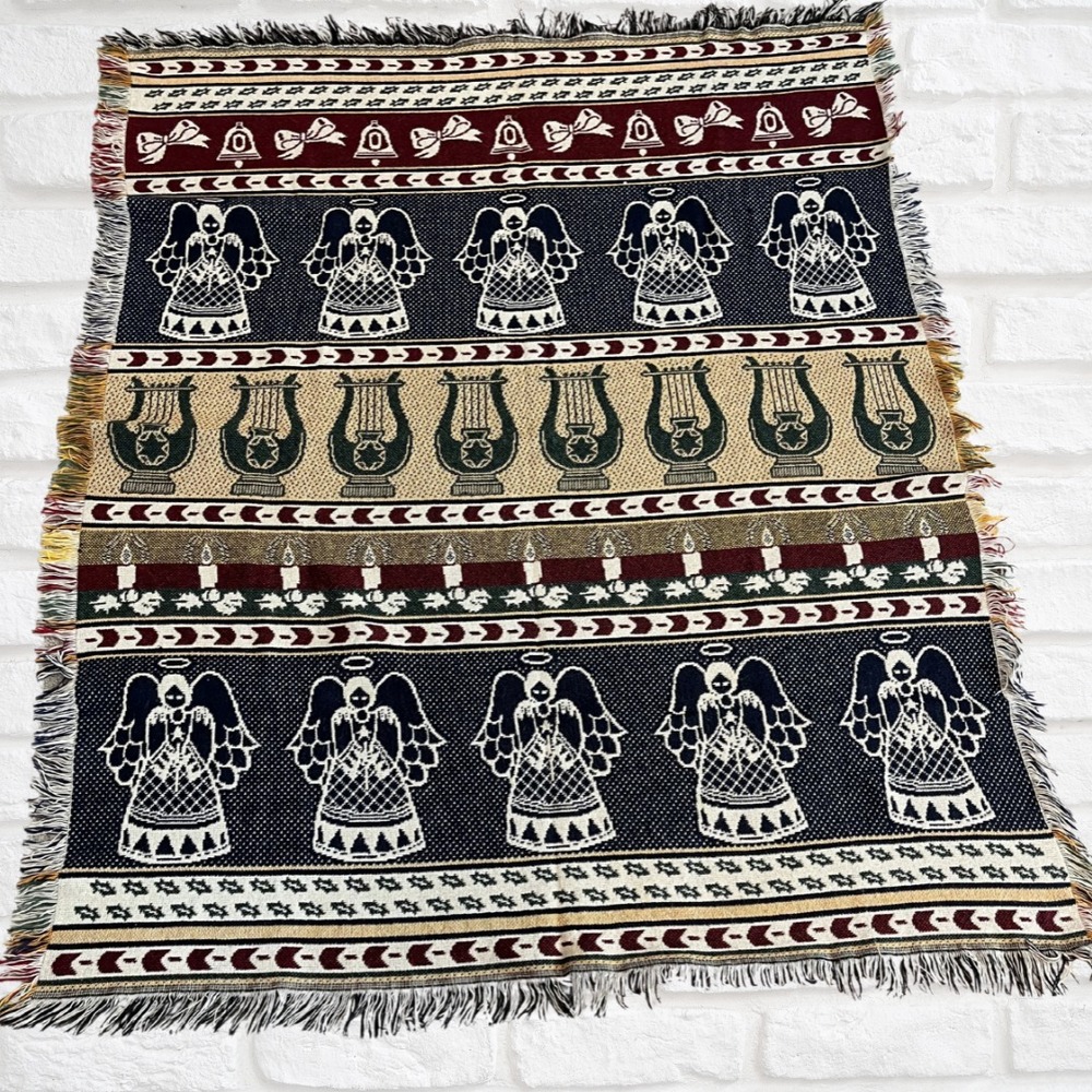 Reversible Angel Christmas Throw Blanket 60x47, Fringed Tapestry, Holiday Décor